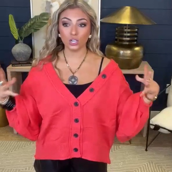 POL Candy Apple Dropped Shoulder Button Down Hacci Relaxed Fit Pullover Cardigan - Picture 9 of 10